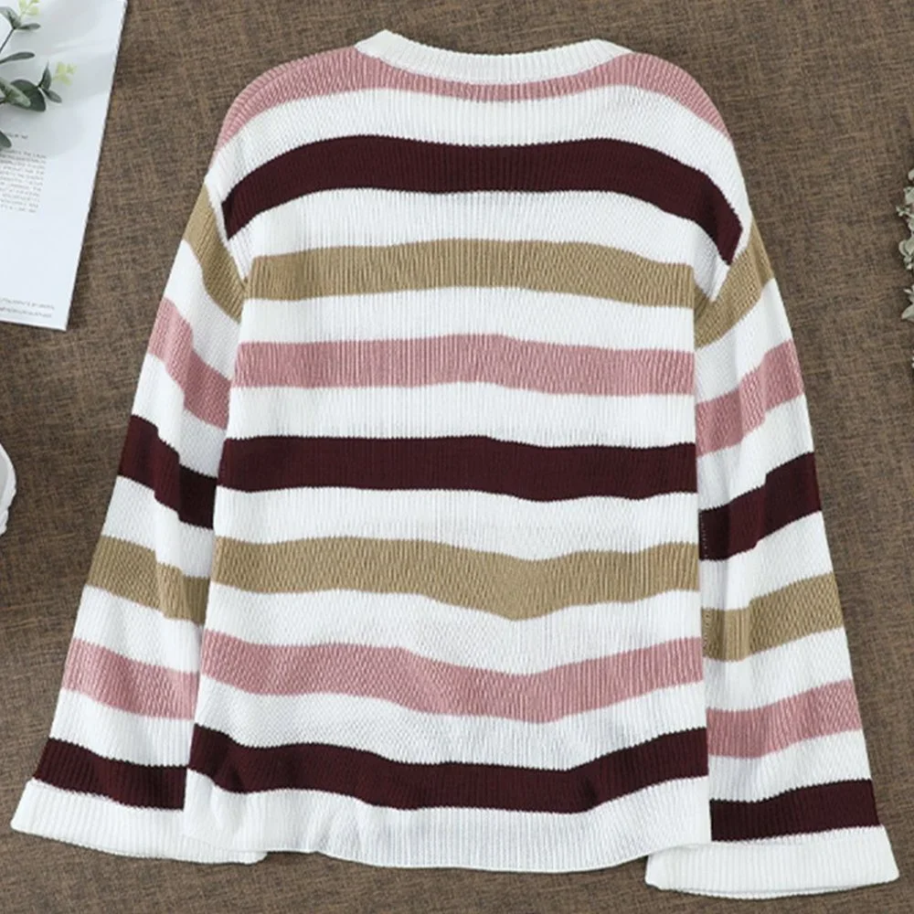 Pink Casual Loose Bell Sleeves Striped Knit Sweater - Picture 6 of 15